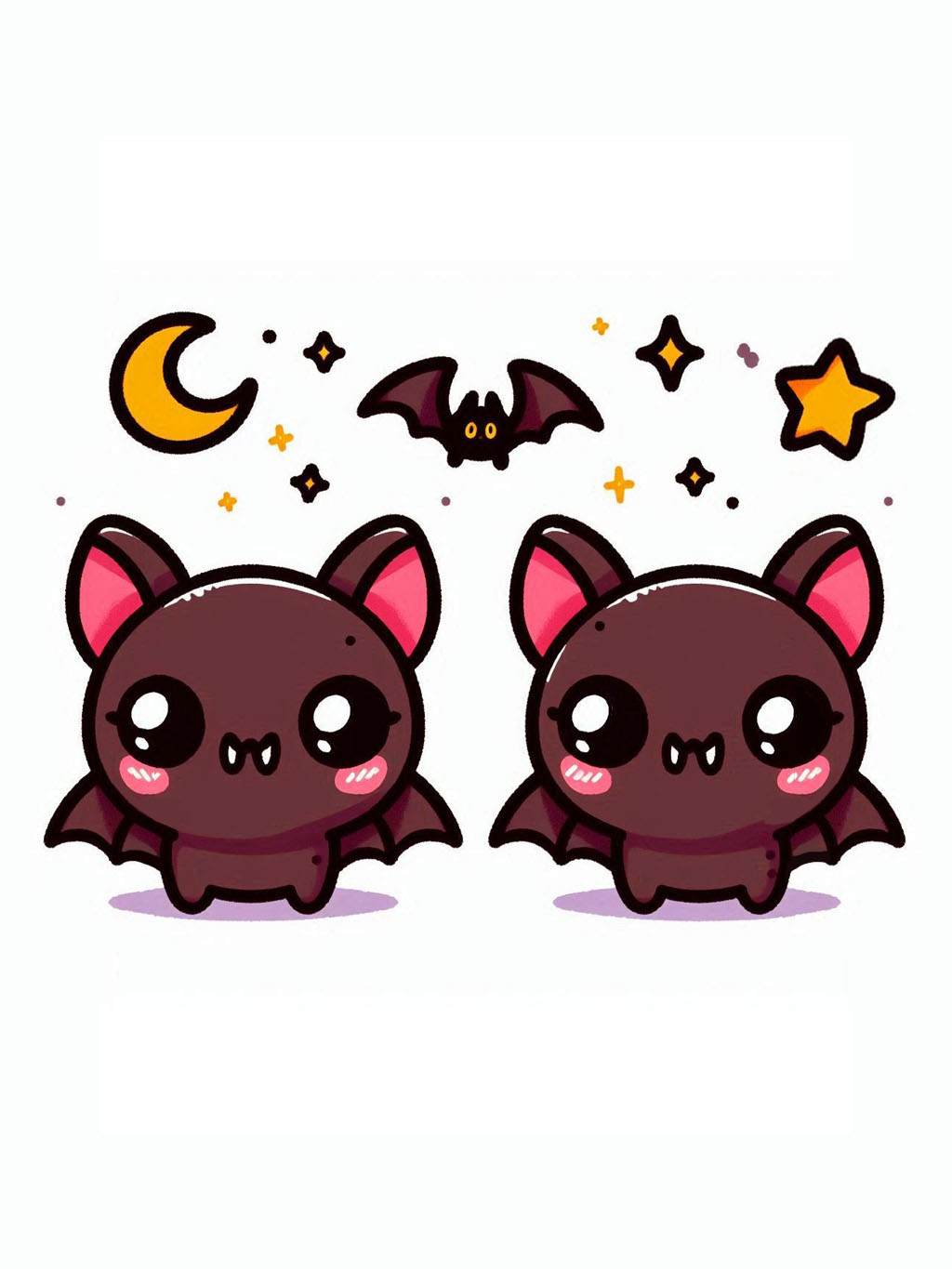 cute halloween drawings for kids 2: two adorable cartoon bats with large eyes and small wings, featuring a whimsical background with a crescent moon, stars, and a tiny bat.
